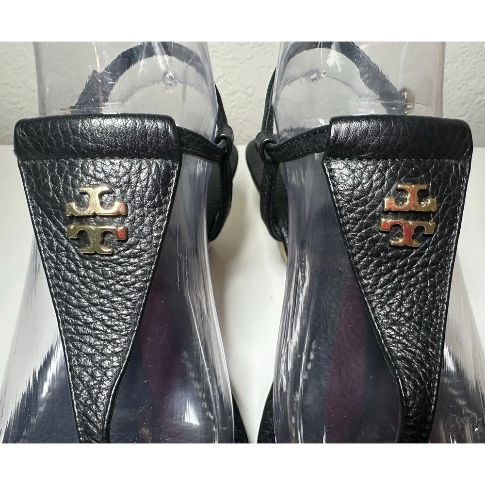 Tory Burch SIZE 7.5 Britton Black Leather Thong Wedge Sandals Cork Heels Logo